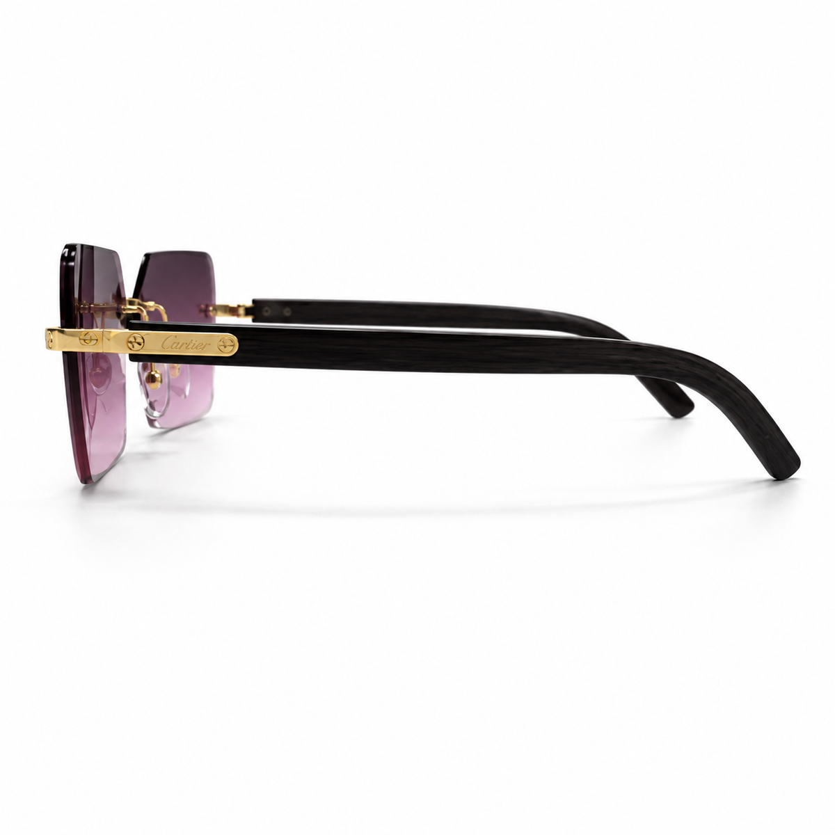 Cartier CT0288S rimless sunglasses - side profile showing gold temple detail and C-logo screws