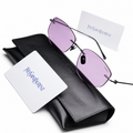 Yves Saint Laurent rimless sunglasses with purple lenses and gunmetal frame, displayed on black YSL leather case with authenticity cards