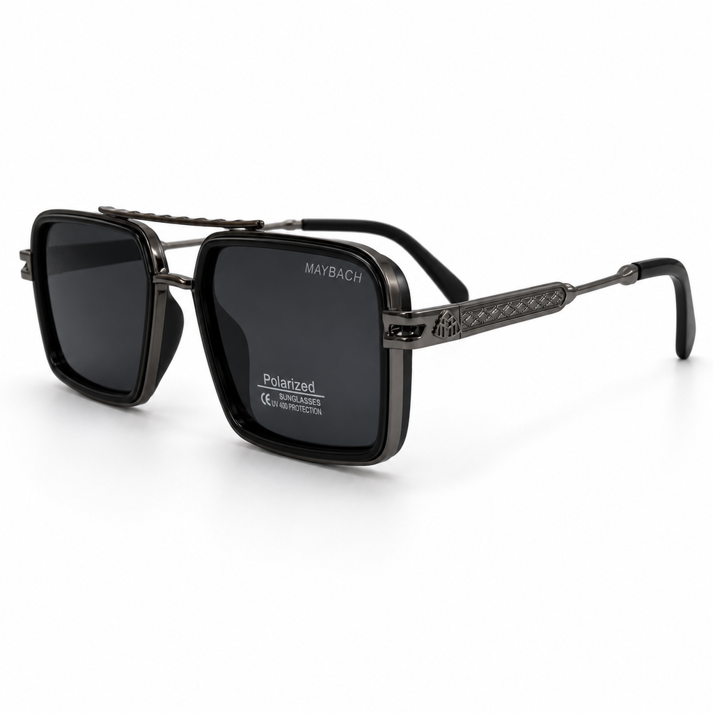 Maybach square aviator sunglasses - three-quarter view showing engraved gunmetal crest temple plates