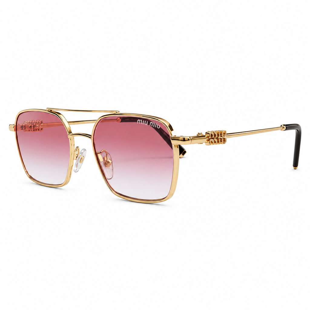 Miu Miu square aviator sunglasses - three-quarter view showing 3D MIU MIU logo hinge charm