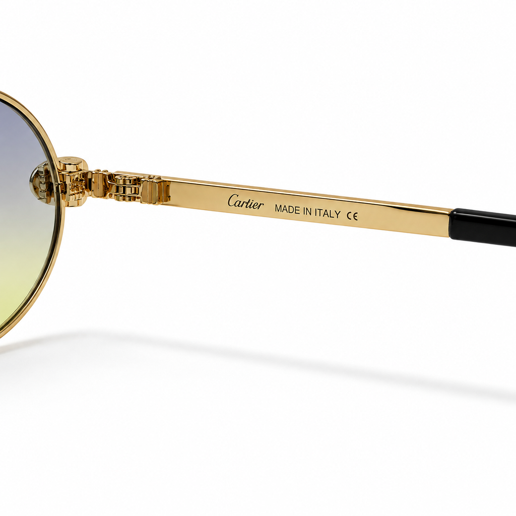 Cartier Panthère round sunglasses - three-quarter view showing panther hinges