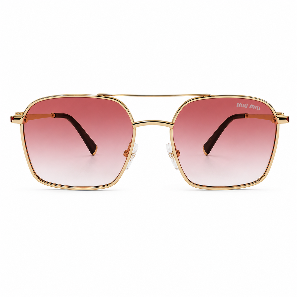 Miu Miu square aviator sunglasses - front view showing gold double bridge and miu miu lens etching