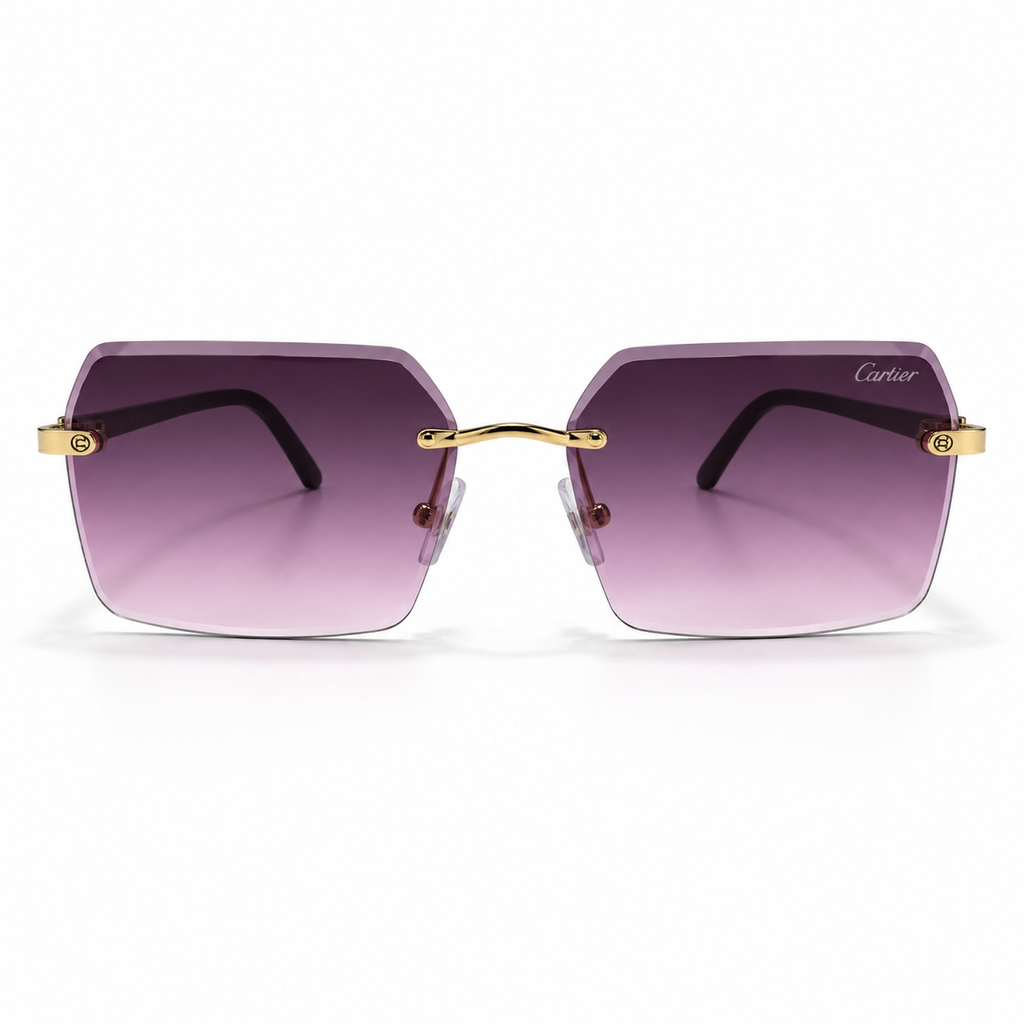 Cartier CT0288S rimless sunglasses - front view showing purple gradient lenses and gold bridge