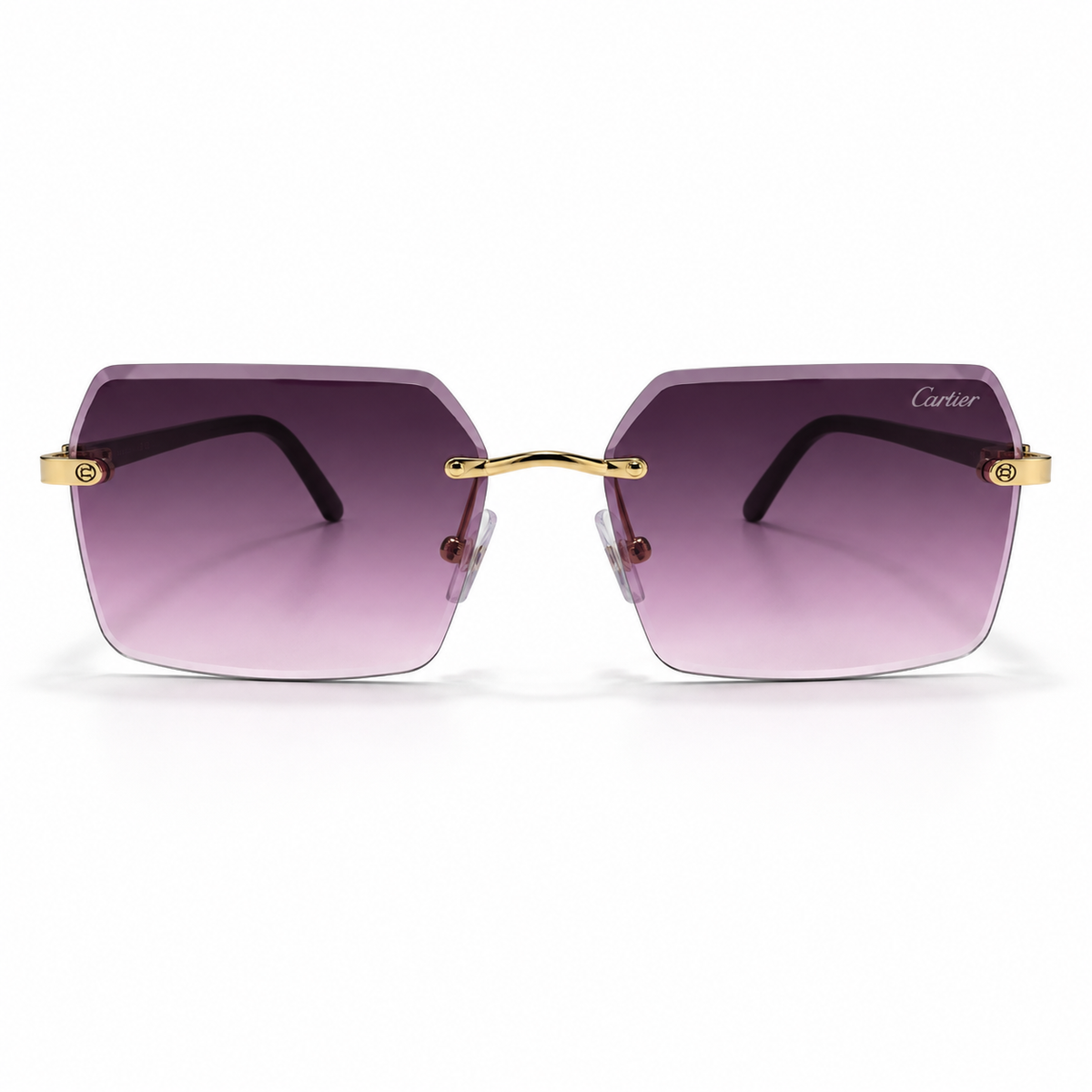Cartier CT0288S rimless sunglasses - front view showing purple gradient lenses and gold bridge