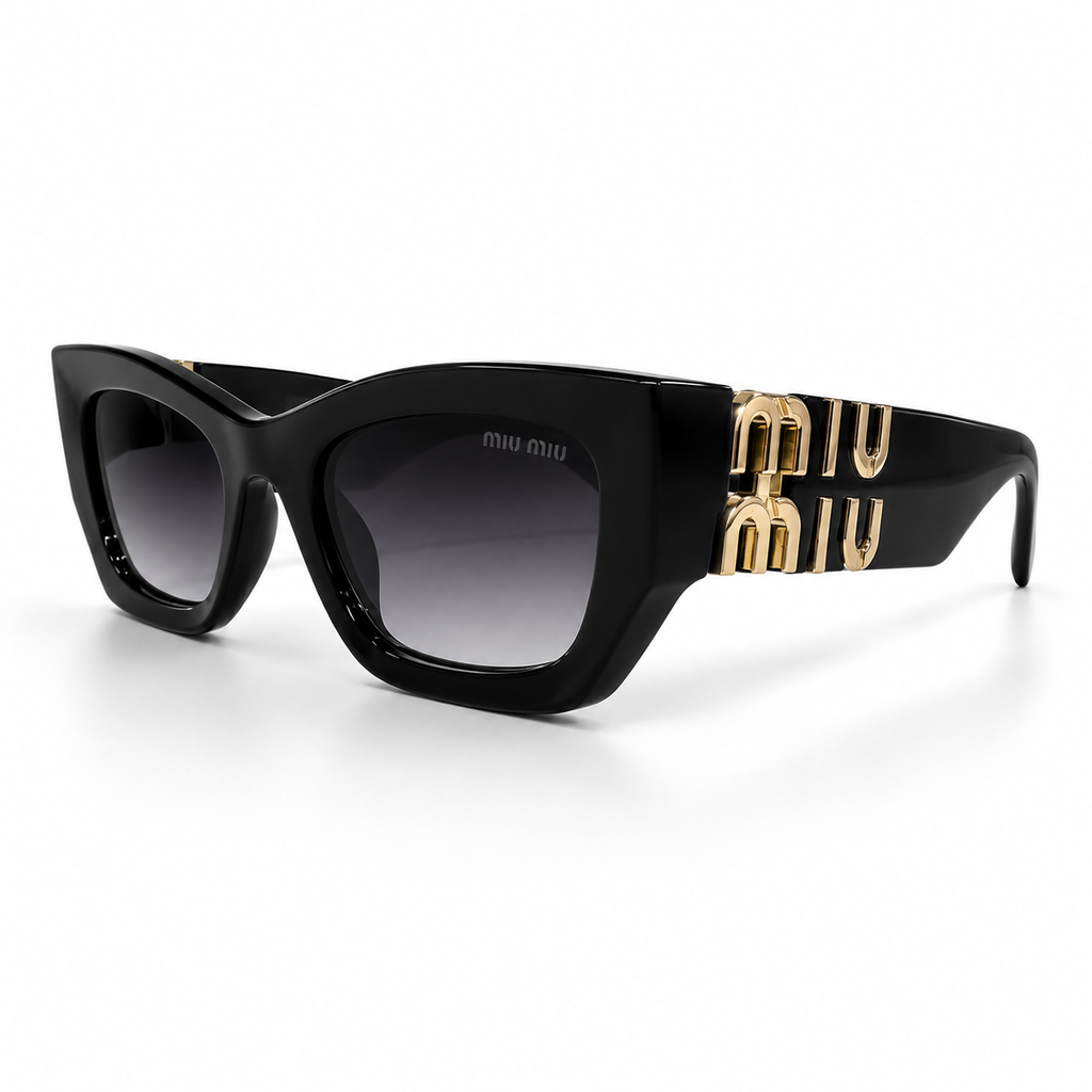 Miu Miu SMU11W cat-eye sunglasses - three-quarter view with gold logo temples