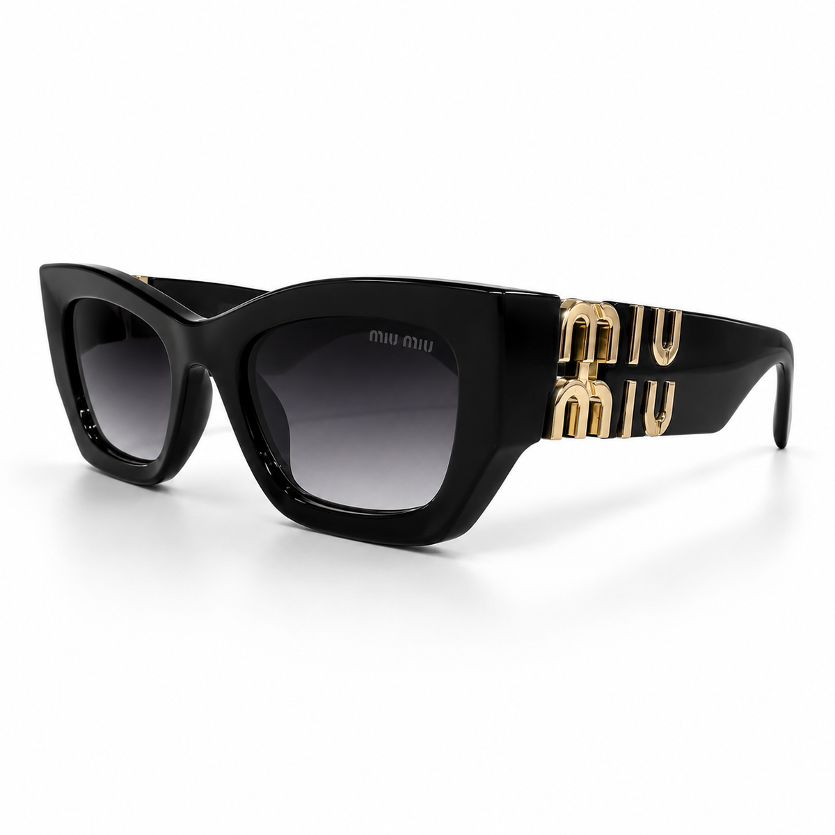 Miu Miu SMU11W cat-eye sunglasses - three-quarter view with gold logo temples