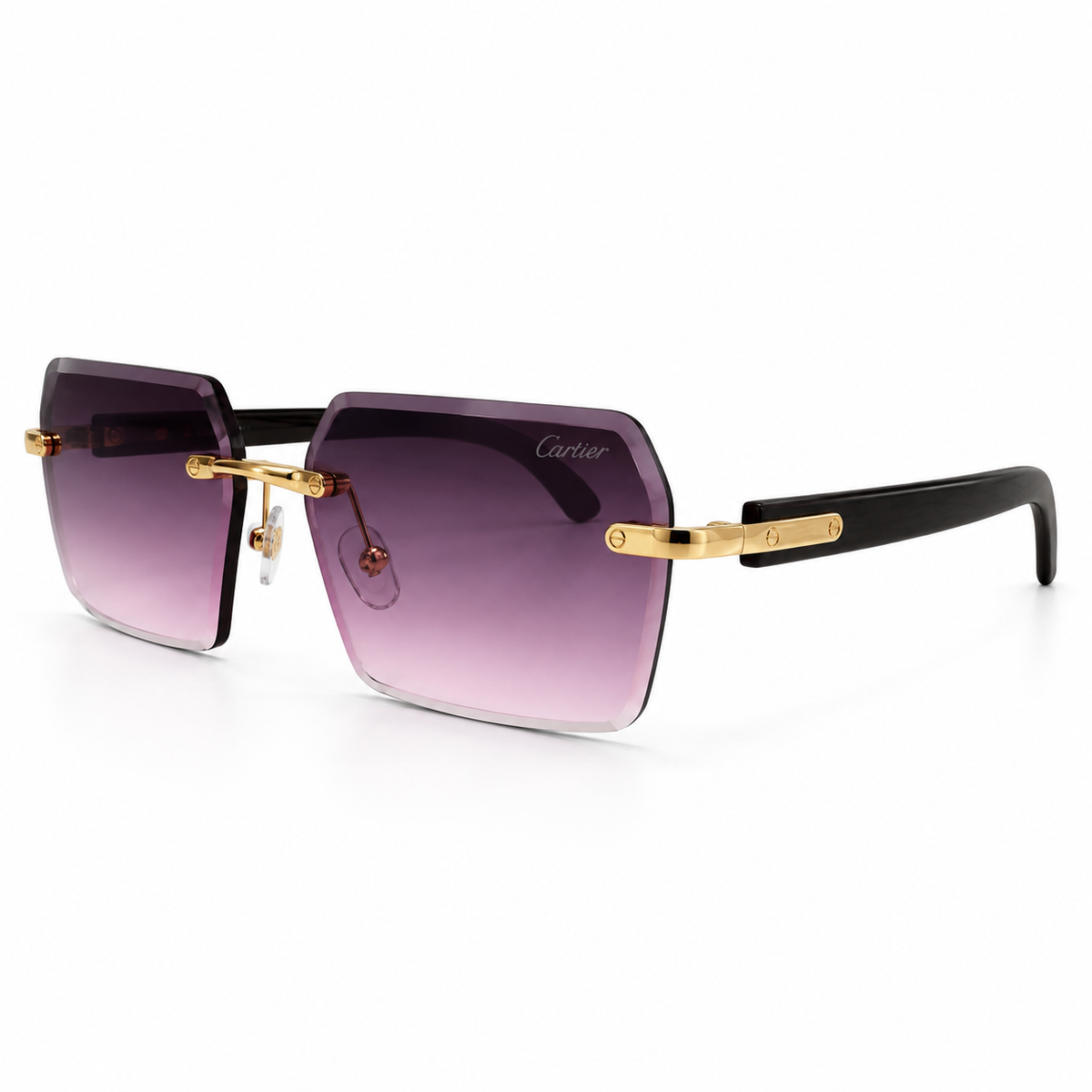Cartier CT0288S rimless sunglasses - three-quarter view showing black horn temples with gold Cartier script