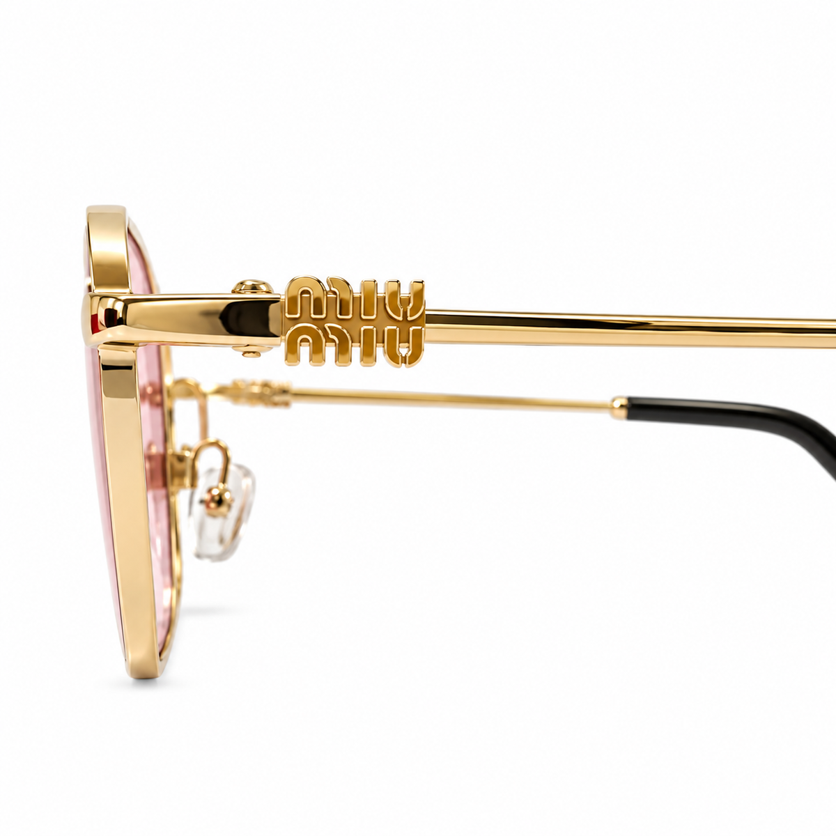 Miu Miu square aviator sunglasses - close-up of 3D sculpted gold MIU MIU logo charm at hinge