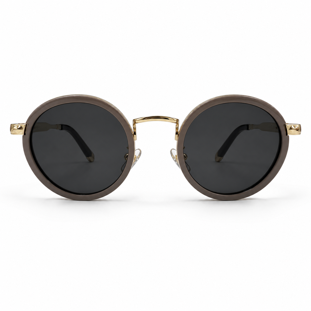 Maybach round sunglasses - front view showing dark brown acetate frame with gold rim and bridge