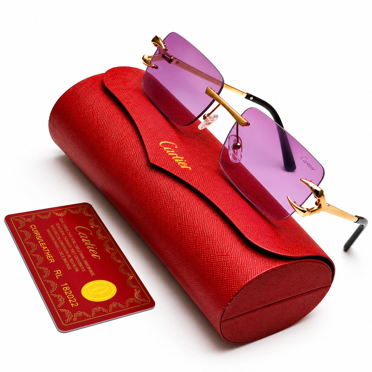 Cartier rimless sunglasses with purple lenses and ornate gold claw hardware, displayed on red Cartier leather case with authenticity card