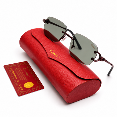 Cartier rimless sunglasses with olive green rectangular lenses and dark gunmetal hardware, displayed on red Cartier leather case with authenticity card