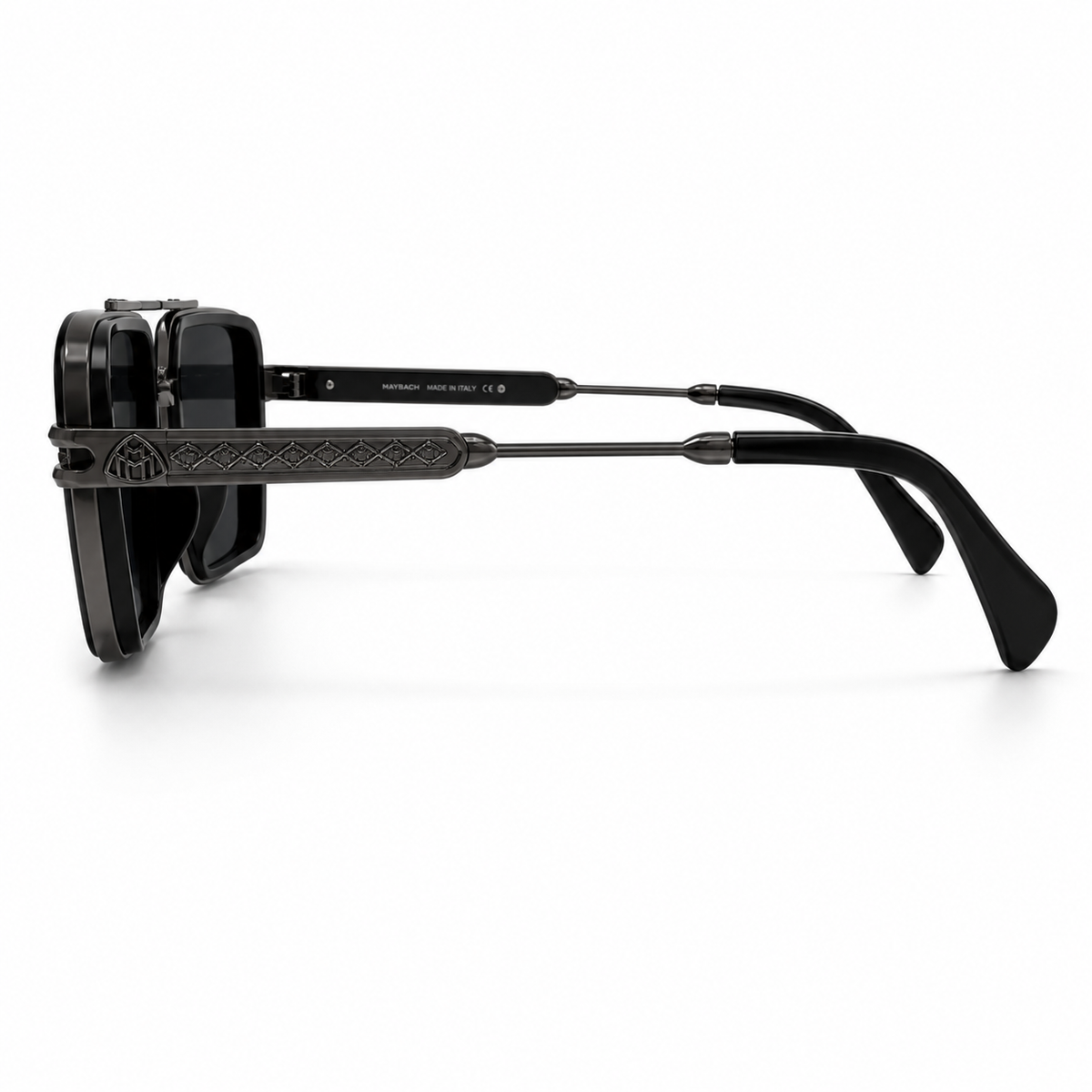 Maybach square aviator sunglasses - side profile showing full temple detail and MADE IN ITALY inscription